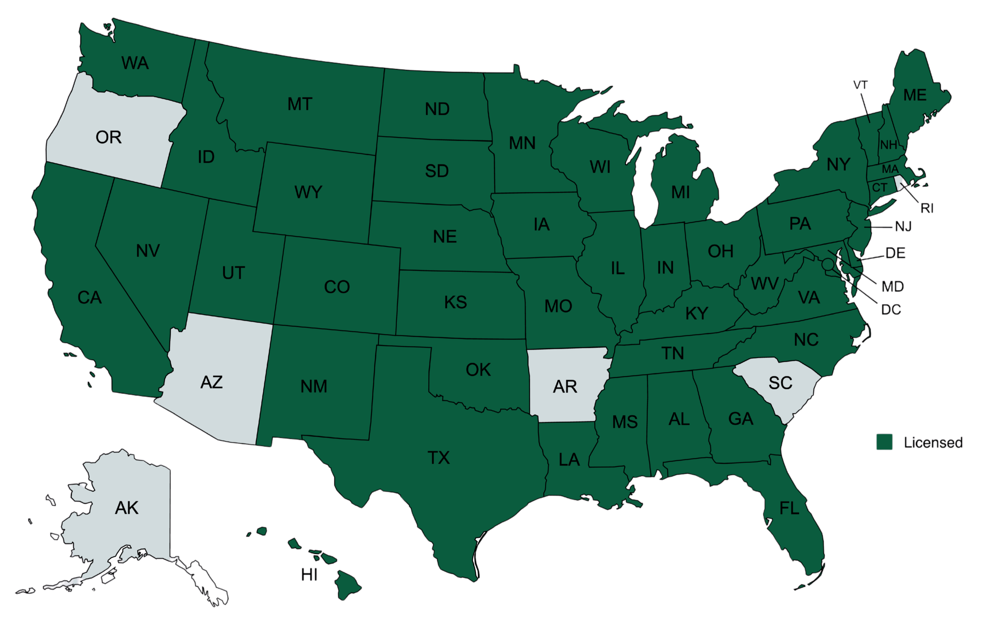 Map showing 44 licensed states